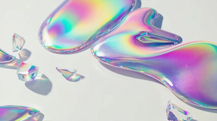 Colorful iridescent liquid droplets and crystals on a white surface. The scene showcases a vibrant play of light and reflections.