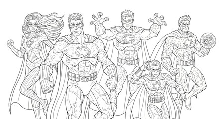 Drawing to paint superhero team coloring page for kids and adults comic book style illustration vector outline art drawing vector