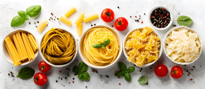 Variety of Italian pasta in bowls on a light background with herbs and cherry tomatoes arranged in a flat lay top view creating a culinary concept