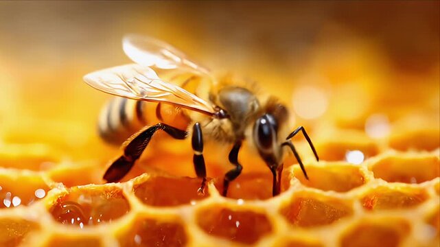A honeybee on a honeycomb, showcasing intricate detail, golden hues