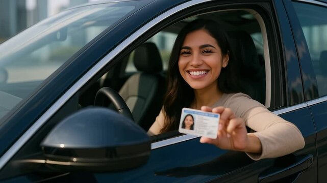 A young Hispanic woman with long dark hair smiles while holding her driver's license inside a black car. The background features a cityscape. - Powered by Adobe
