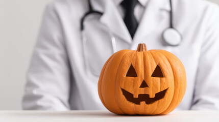 A carved Halloween pumpkin with a smiling face sits on a table, with a doctor in a white coat and stethoscope blurred in the background.