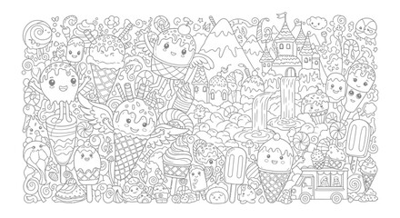 Obraz premium Drawing to paint detailed ice cream coloring page for adults and kids with cute dessert and candy land illustration fun art vector