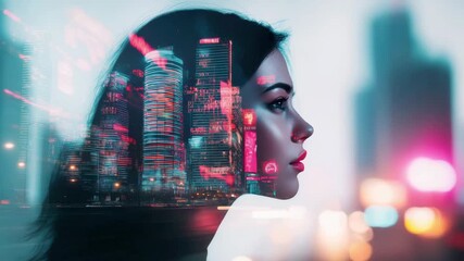A young Asian woman with long black hair gazes thoughtfully. The background features a city skyline with illuminated buildings and vibrant lights, symbolizing urban life.