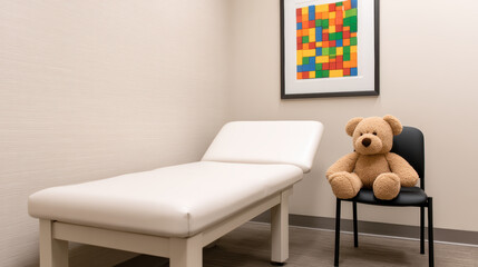 A clean, minimalist medical examination room with a white exam table and a teddy bear sitting on a black chair against a beige wall with colorful artwork.
