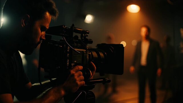 A film crew works in a dimly lit studio. A man operates a camera while another man in a suit stands in front of him. The atmosphere is cinematic and focused on production.