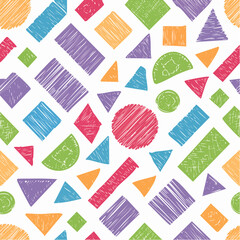Colorful geometric seamless pattern with funky crayon drawn shapes. Abstract pencil doodle shapes, naive geometric figures and forms. 