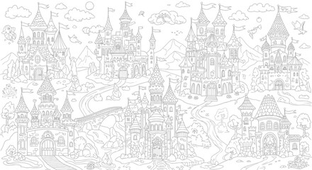 Drawing to paint detailed castle landscape coloring page for adults and kids printable fantasy kingdom architecture drawing art vector