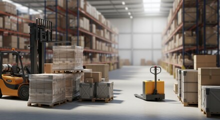 Front view of a cargo handling warehouse with pallet stacks and service vehicles positioned nearby.