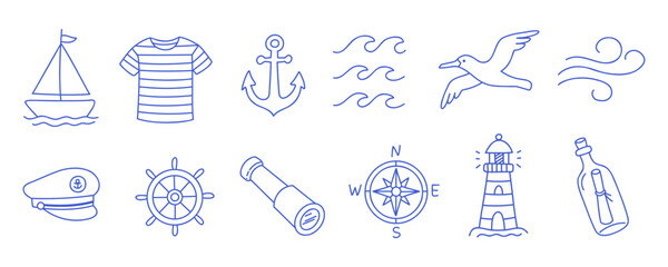 Set of 12 vector marine isolated elements. Blue line vector icons on white background