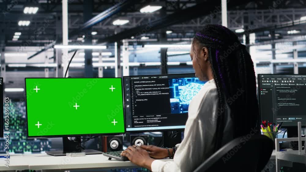 Poster female technician and coworker in data center review ai diagnostics on isolated screen pc. it expert