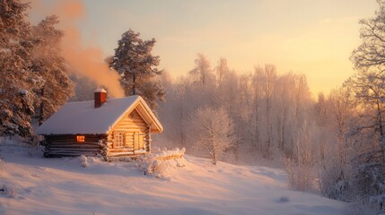 Snowy cabin at sunrise