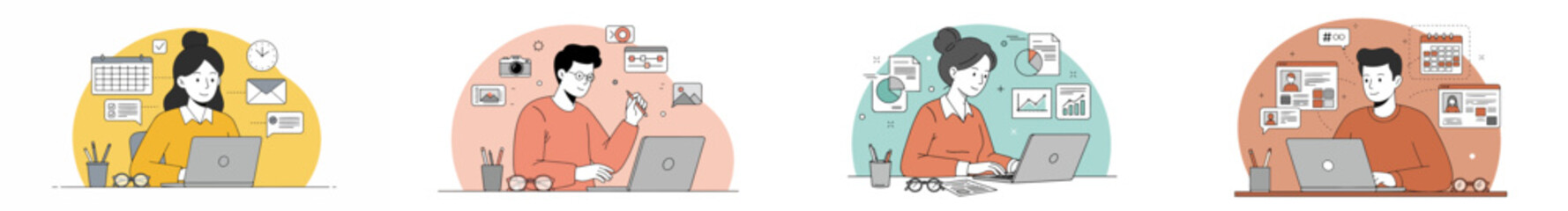 Segmented illustration of professionals engaged in digital work with productivity tools and e-commerce tasks