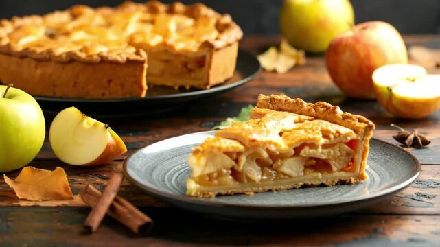 Deliciously Golden Brown Apple Pie Slice Presented on a Rustic Wooden Table Surrounded by Fresh Apples and Cinnamon Sticks