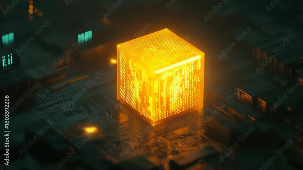 Poster illuminated orange cube in a futuristic circuit board environment with a dark moody tone.