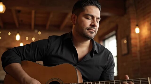 Passionate flamenco guitarist plays Spanish flamenco music on the guitar.