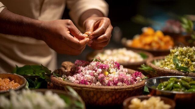 Closeup of a chefs hands artfully arranging a beautiful spread of panakam and kosambari symbolizing celebration and togetherness during Navami. The photo captures the textures and vibrant