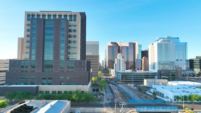 Aerial Downtown Phoenix Arizona Tracking Shot Cityscape Morning Light