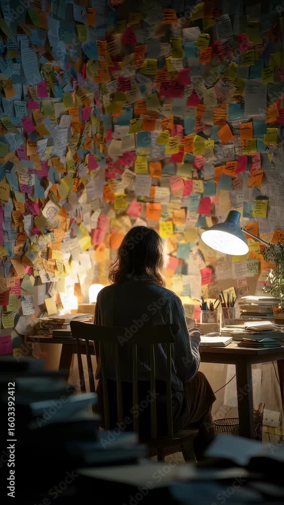Poster intimate library corner featuring a student surrounded by colorful sticky notes and open books creat