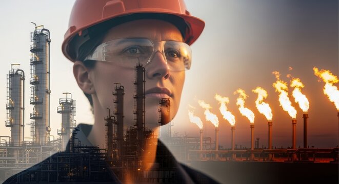 Overlay of an energy industry specialist with industrial flares and metal structures.