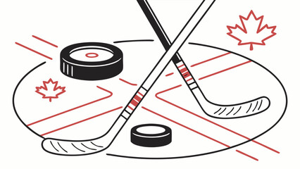 Canadian Hockey Sticks and Puck with Maple Leaf.