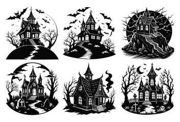 Cute Haunted House with Ghost and Pumpkin – Halloween Cartoon Vector

