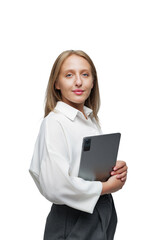 Confident woman standing with tablet 