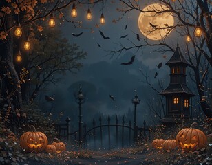 Fototapeta premium Haunted House on Halloween Night with Full Moon and Pumpkins