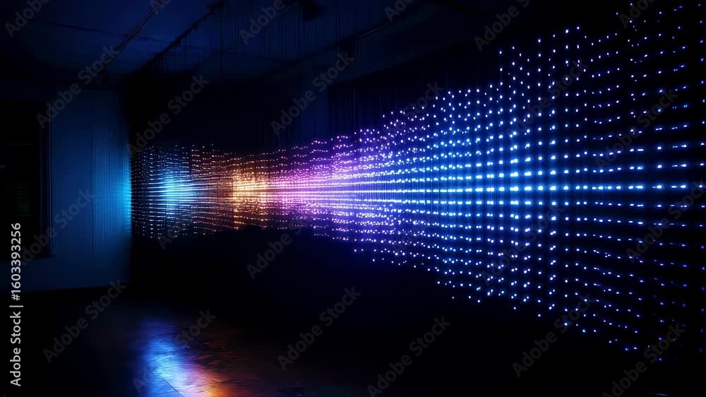Poster A futuristic art piece showcases a series of responsive LEDs that change color in sync with realtime qubit fluctuations. The installation serves as a visual metaphor for the unpredictable