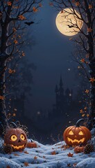 Haunted House on Halloween Night with Full Moon and Pumpkins