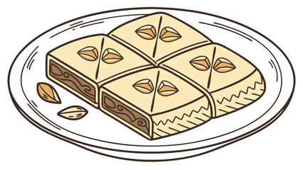 Cartoon Illustration of Four Pieces of Baklava on a Plate.
