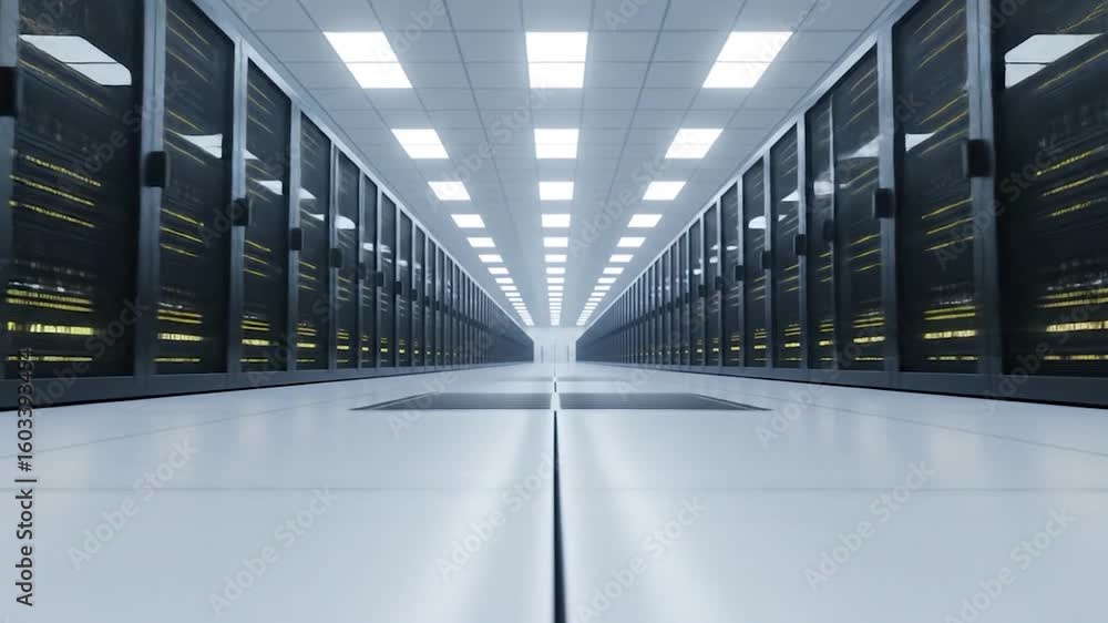 Poster Modern Data Center Corridor with Rows of Servers