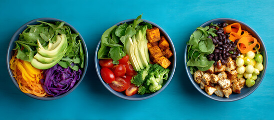 Healthy meal prep with three nutritious bowls on a vibrant blue background featuring greens, proteins, and colorful veggies arranged neatly.