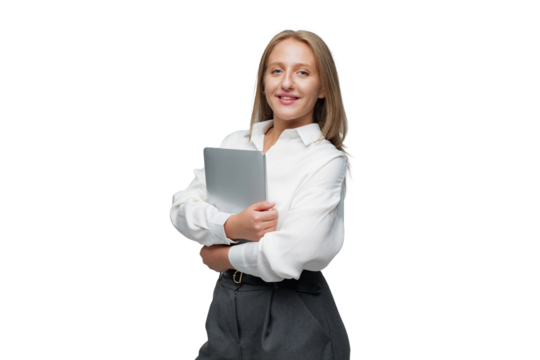 Professional woman smiling while holding a tablet 