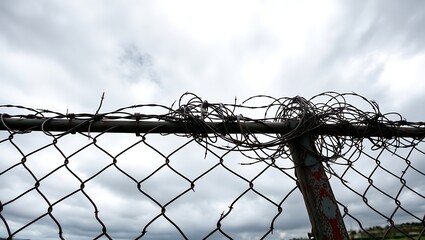 A chain link fence topped with barbed wire against a cloudy sky creating a sense of confinement