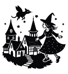 Flying Witch Silhouette – Halloween Black and White Vector

