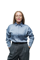 Confident professional woman in stylish outfit poses elegantly