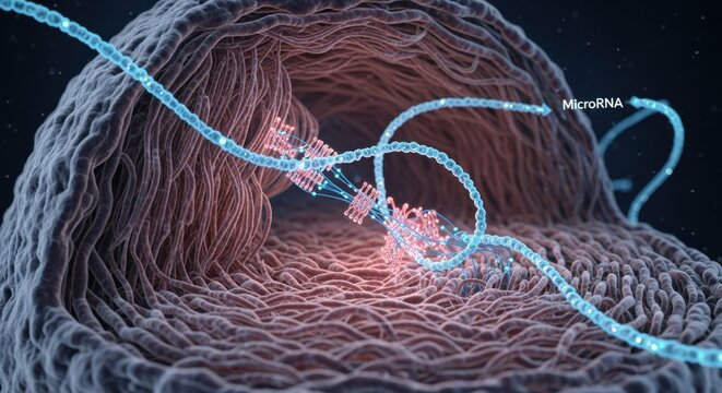 Conceptual animation of genetic regulation through microRNA and chromatin interaction.