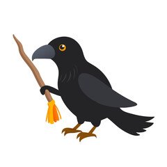 Cartoon crow holding a broom on a white background for halloween