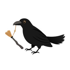 A black crow holds a small broom in its beak on a white background