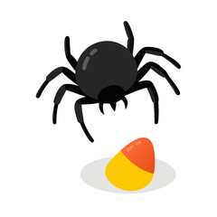 A black spider is above a piece of candy corn on a white background