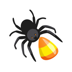 A black spider is next to a piece of candy corn on white
