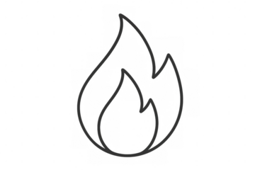 Minimalist line drawing of burning flame icon, symbolizing heat, energy, intense passion against clean transparent backdrop