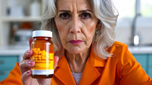 Medicinal Glance: Captivating close-up shot of a mature woman in a medical-orange ensemble, fixating on a bottle of medication, exuding seriousness, contemplation, and concern.