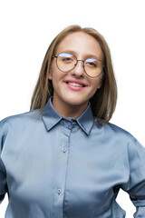Smiling woman in blue shirt with glasses showcasing confidence