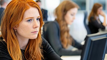 Focused: Portrait of a professional woman with striking red hair, deeply concentrating, as she works in a modern office environment.