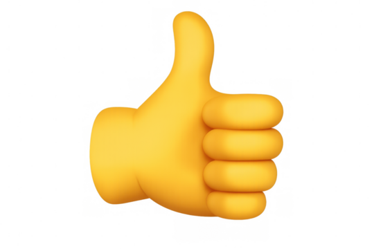 Yellow cartoon hand giving thumbs up, conveying positivity and approval against transparent backdrop