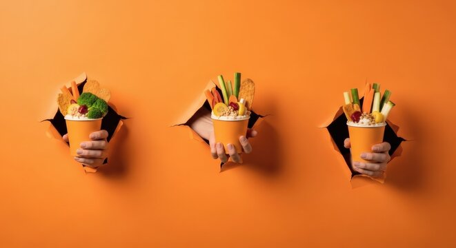 Creative concept of healthy snacking with hands offering fresh vegetable crudités and dip through a torn orange paper wall - Powered by Adobe