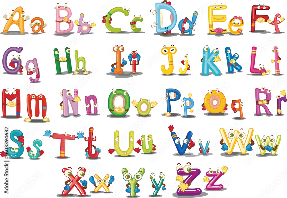 Poster alphabet chart. playful anthropomorphic alphabet characters a complete set of colorful glossy letter
