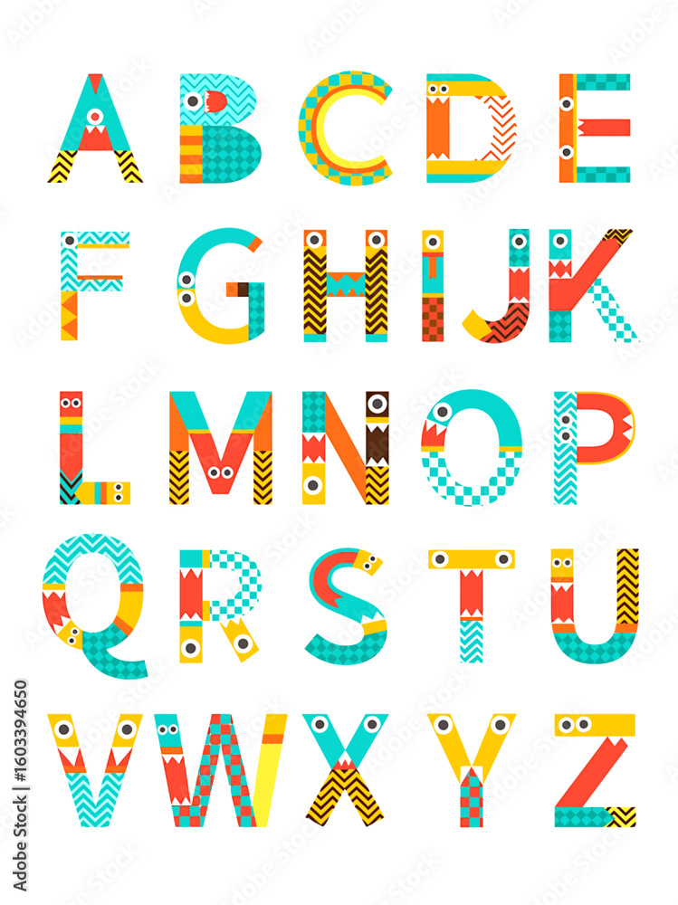 Poster alphabet chart. vibrant and playful monster alphabet with colorful geometric patterns googly eyes an